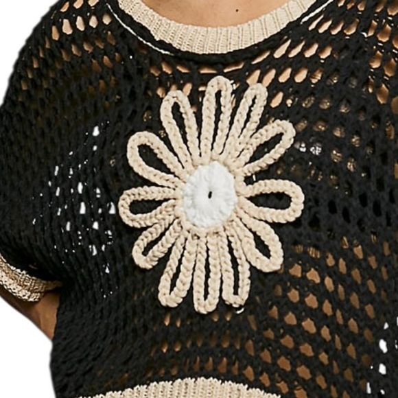 POL 🌼 Black Cotton Blend crochet Short Sleeve Floral Top - Picture 2 of 7